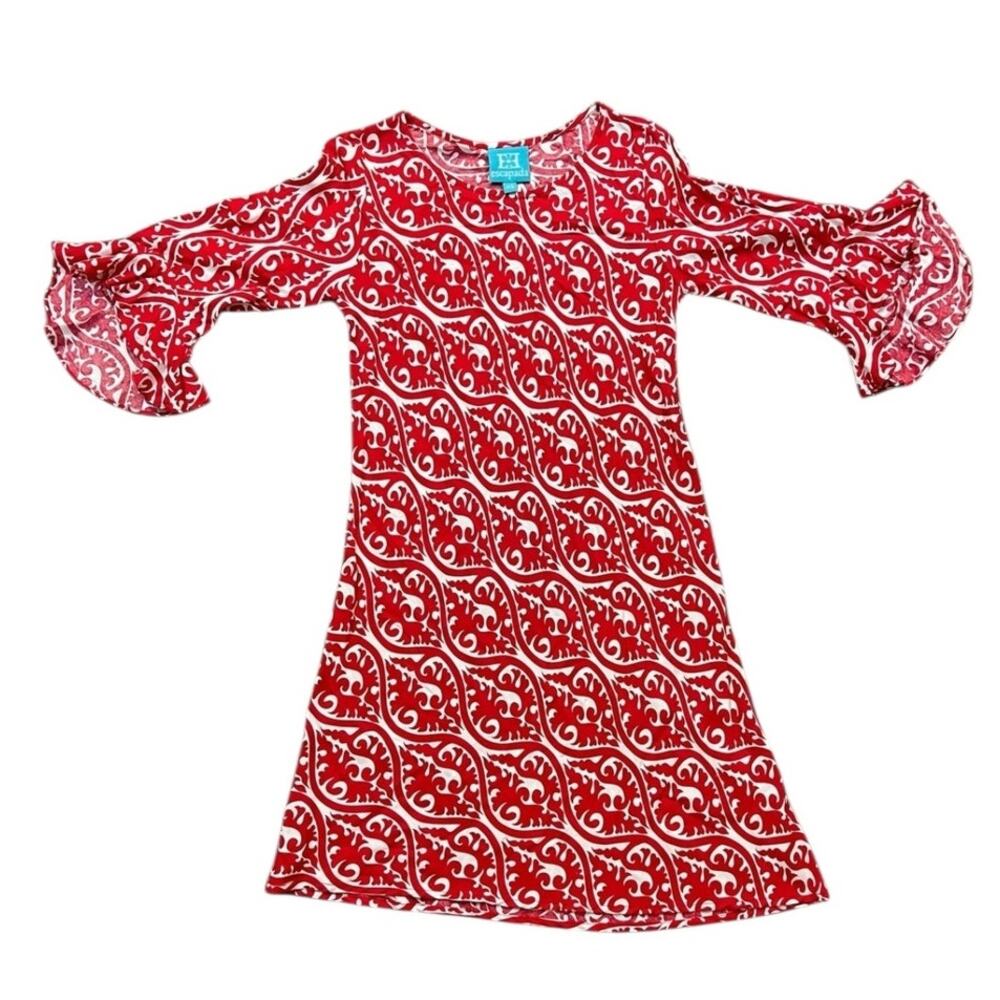 Escapada Red & White Paisley 3/4 Ruffled Sleeve Dress Mid Length Midi Dress‎ XS
